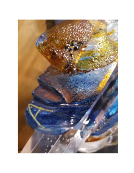 Kosta Boda scultura "Head Indiana" in vetro artistico unique piece design Bertil Vallien su base in legno