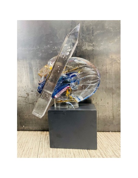 Kosta Boda scultura "Head Indiana" in vetro artistico unique piece design Bertil Vallien su base in legno