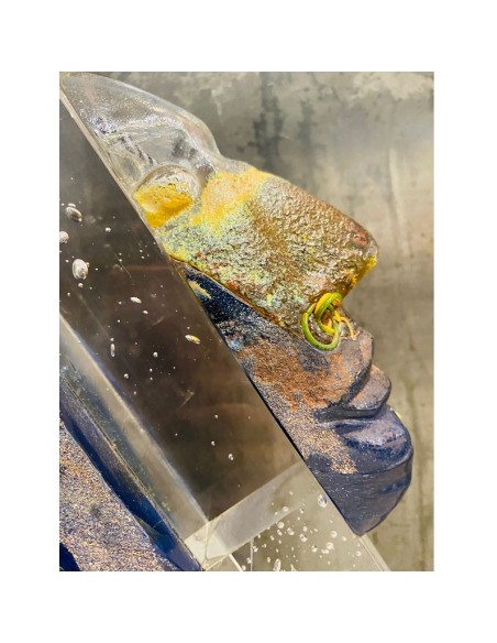 Kosta Boda scultura "Head Indiana" in vetro artistico unique piece design Bertil Vallien su base in legno