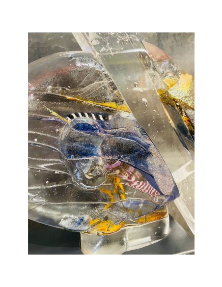 Kosta Boda scultura "Head Indiana" in vetro artistico unique piece design Bertil Vallien su base in legno