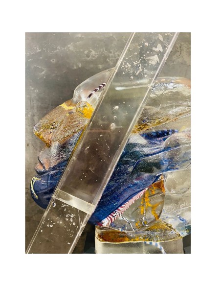 Kosta Boda scultura "Head Indiana" in vetro artistico unique piece design Bertil Vallien su base in legno