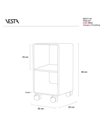 Vesta Multi XS carrello 2 ripiani con ruote in cristallo acrilico
