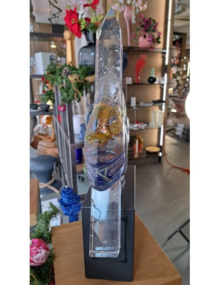 Kosta Boda scultura "Head Indiana" in vetro artistico unique piece design Bertil Vallien su base in legno