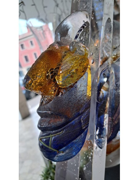 Kosta Boda scultura "Head Indiana" in vetro artistico unique piece design Bertil Vallien su base in legno