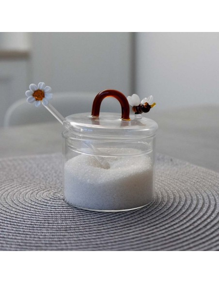 Zuccheriera in borosilicato con cucchiaino decoro ape e margherita