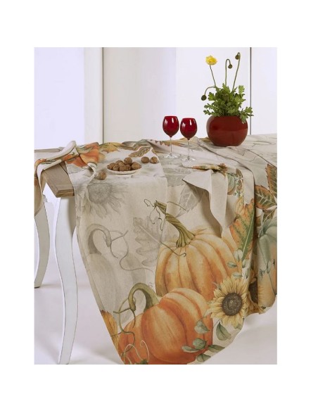 Tovaglia copritavolo Radici Zucche misto lino cm.180x360 + 16 tovaglioli