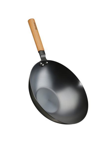 Wok Canton in acciaio al carbonio e manico in legno