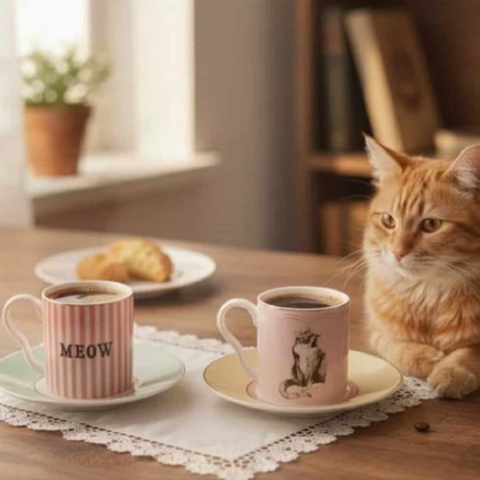 Ivonne Hellen - CAT set di 2 tazze caffè con piatto in porcellana finissima