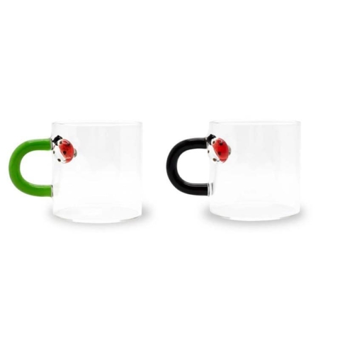 Set 2 tazzine da caffè in vetro borosilicato con manico colorato e decoro esterno WD LIFESTYLE
