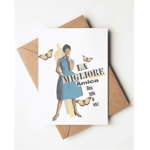 Biglietti di auguri con illustrazione retro vintage di moda e frasi con dediche