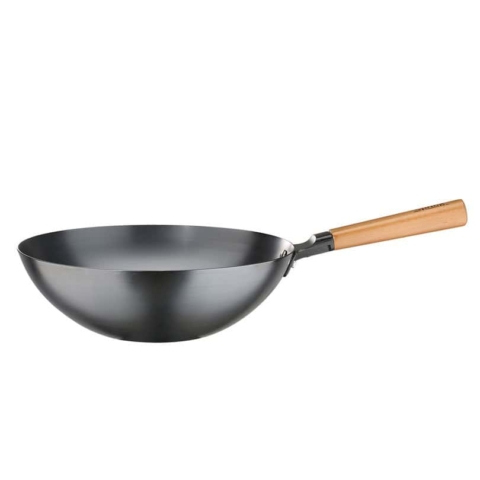 Wok Canton in acciaio al carbonio e manico in legno