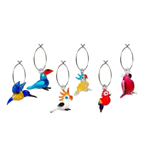 Set 6 anellini segnabicchieri e segnaposto con anello e decoro animali in vetro colorato